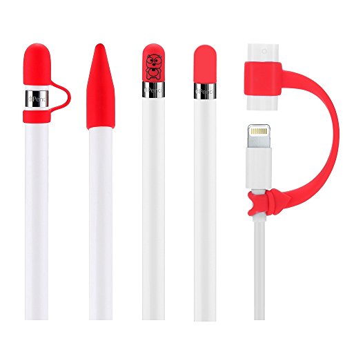 Teyomi 5-Pack Silicone Protective Accessories for Apple Pencil 1st Generation, Includes 2 Apple Pencil Cap Replacements, Apple Pencil Cap Holder, Apple Pencil Tip Cover, Cable Adapter Tether(Red)