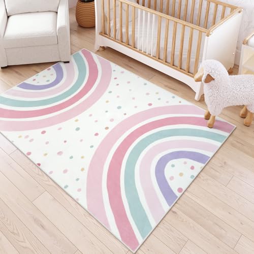 Image of STARUIA 5x7 Washable Rainbow Rug for Kids Room Nursery, Soft Polka Dot Pink Rug for Bedroom Girls, Non-Slip Large Carpet Kids Area Rug for Playroon Princess Castle