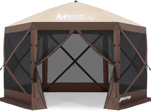 Image of MASTERCANOPY 10x10FT Pop Up Gazebo Screen Tent - Instant Screen House with Netting, Quick Set, Outdoor Canopy Shelter with Carry Bag for Camping, Backyard & Patio (Beige&Coffee)