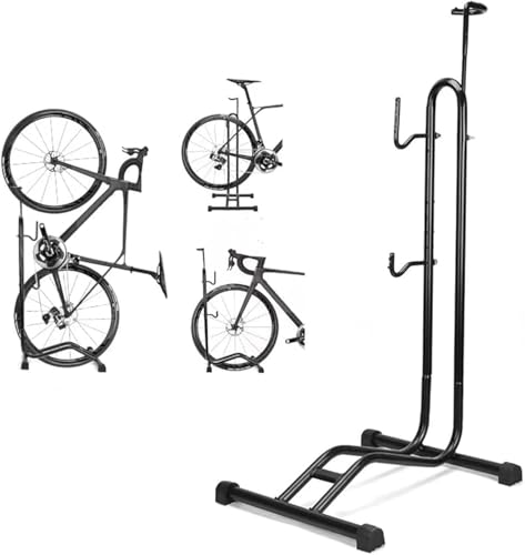 Bike Ground Stand Bicycle Stand Bike Floor Parking Rack Steady Wheel Holder Fit 20-26 Bikes Vertical & Horizontal Adjustable Height Bike Storage Stand for Garage Space Saving Bike Holder Stand