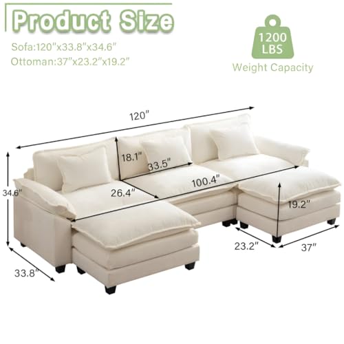 Image of Modern U Shaped Sectional Sofa, Plush Chenille Upholstery, Extra Deep Seats with Throw Pillows for Living Room Office Hotels (Cream)