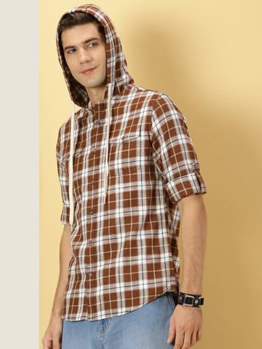 Image of Thomas Scott Men's | Checks | Full Sleeve | Regular Fit | 100% Cotton | Hooded | Casual Shirt
