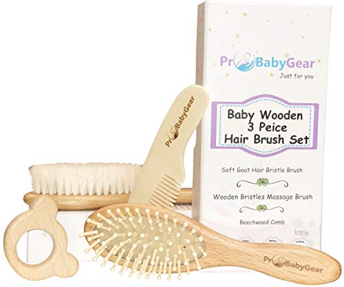 4 Piece Baby Hair Brush Set for Newborn or Toddler| Free Natural Maple Wood Teether | Baby Grooming kit | Help Prevent Cradle Cap