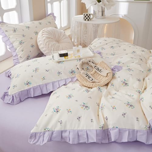 Image of Purple Floral Comforter Set Full Girls Princess Bedding Ruffle Comforter Set Vintage Flowers Cottagecore Comforter with 2 Pillowcases Botanical Floral Bedding Lightweight Bed Set for All Seasons