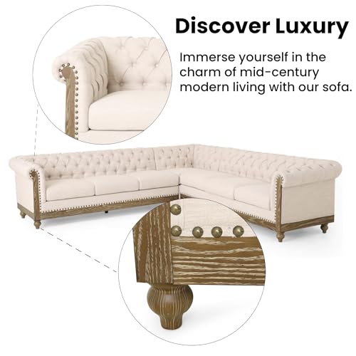 Image of Merax Chesterfield Sofa, Retro Upholstered 6 Seater Rolled Arm Couch for Living Room Bedroom Office, Beige