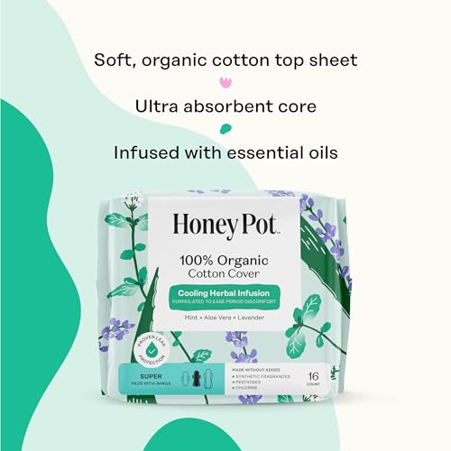 Image of The Honey Pot Company - Herbal Pads for Women - Super w /Wings - Infused w /Essential Oils for Cooling Effect, Organic Cotton Cover, & Ultra-Absorbent Pulp Core - Feminine Care - 16 ct