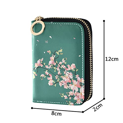 OTVEE Blossom Cherry Tree Branches Green RFID Credit Card Wallet, Microfiber Leather Zipper Card Case Holder for Wo4