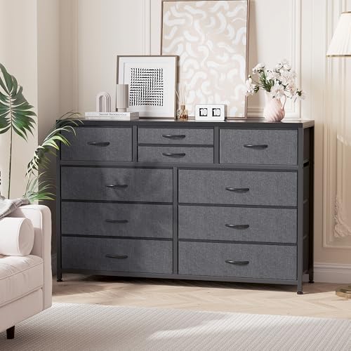 GAOMON 10 Drawers Fabric Dressers for Bedroom, Modern Chest of Drawers, Lightweight Entertainment Center with Fabric Bins for Living Room, Hallway, 45" Wide TV Stand Dressers, Wood Top, Steel Frame