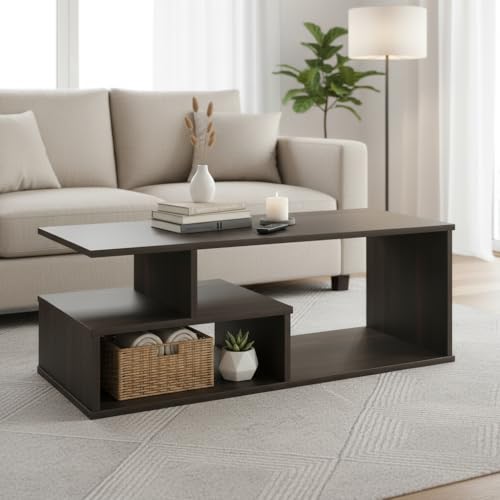 Image of FURNEASER Witely Coffee Table Modern Centre Table with Storage Shelves, Teapoy, Centerpiece Tea & Coffee Table for Living Room, Engineered Wood, Matte Finish, Wenge and White, 90x50x35 cm