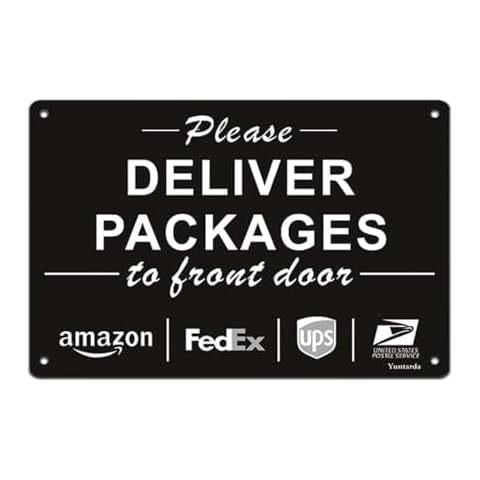 Please Deliver Packages to Front Door Sign, Yuntarda 10”x7” Rust Free 40Mil Aluminum UV Printed Metal Reflective Sign Easy to Mount No Fading Outdoor Use Cover