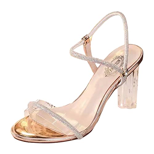 Sandalias de mujer con tacón en bloque y diamantes de imitación para mujer, zapatos de trabajo, zapatos de novia cómodos zapatos de noche, dorado, 37 Sandalias de mujer con tacón en bloque y diamantes de imitación para mujer, zapatos de trabajo, zapatos de novia cómodos zapatos de noche, dorado, 37