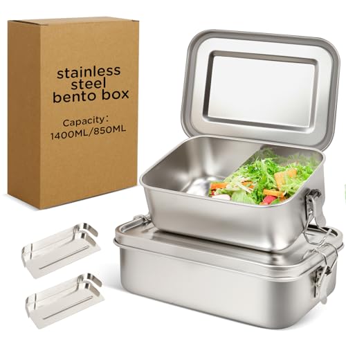 Awaiymi 304 Edelstahl Lunch Box und Lebensmittelbehälter mit Deckel 2 Pack 1400/850ml Auslaufsicheres verstellbares Fach Metall Bento Box Edelstahl Brotdose für Reisen Arbeit Picknick Erwachsene