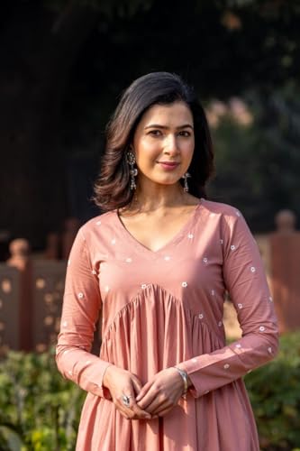 Image of Women's Dhanna Fashion Long Cut Salwar Suit with White Polka Dots,Full Sleeves, V-Neck,, Rayon