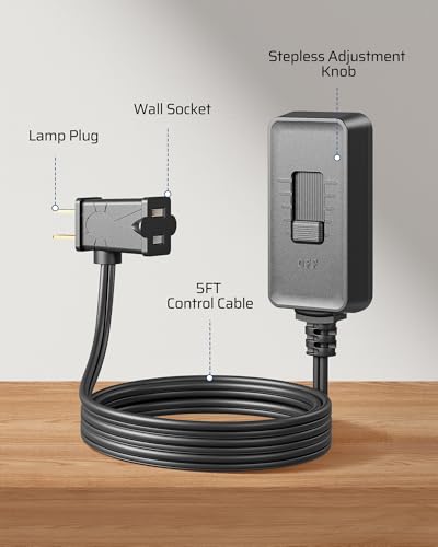 Image of DEWENWILS Plug in Dimmer Switch for Lamp, Full Range Control, Black | Slide Control, 5FT Extension Cord Dimmer for Dimmable LED /CFL Lights and Incandescent Bulbs, Fits Living Room, Bedroom, Study
