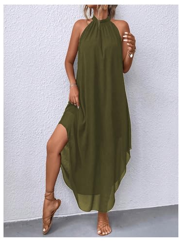 Image of Verdusa Women's Wedding Guest Dress Halter Flowy Chiffon Long Dresses | Cocktail Dress, Asymmetrical Dress for Women, Sleeveless, Prom Dress, Cruise Outfits, Boho