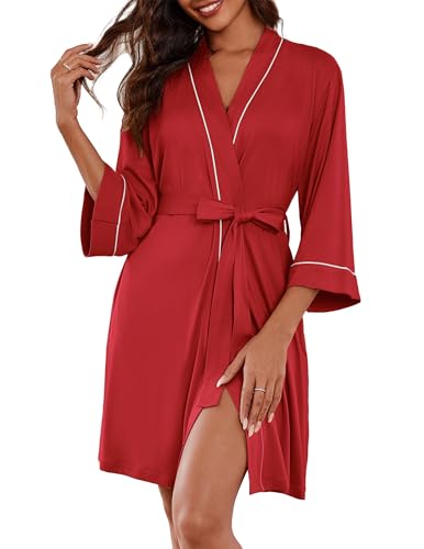 Image of Ekouaer Women Kimono Robes Knee Length Knit Bathrobe Lightweight Soft Sleepwear V-neck Casual Ladies Loungewear