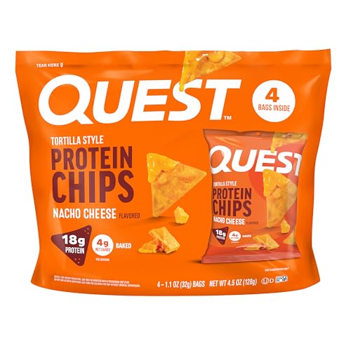 Image of Quest Nutrition Nacho Cheese Tortilla Style Protein Chips, 18g Protein, 4g Net Carb, Low Carb, Gluten Free, 1.1 oz (Pack of 4)