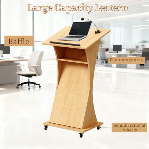 Image of Portable Wooden Podium Stand with Lockable Wheels, 42.5 inch Height Rolling Lectern for Churches, Lightweight White Pulpit, Perfect for Presentations & Events