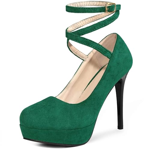 Perphy Platform Stiletto High Heels Ankle Strap Black Pumps for Women