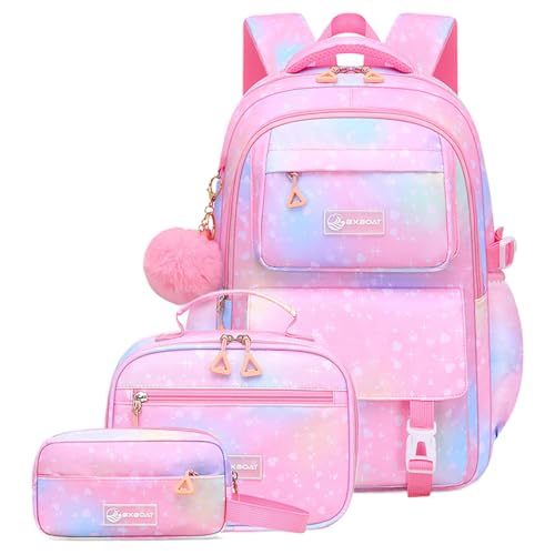 Mochila escolar niña lote de 3 piezas con bolsa de almuerzo rosa