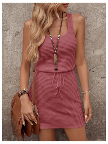 Image of RoseSeek Women's Waffle Knit Belted Tank A Line High Waisted Dresses Square Neck Sleeveless Summer Short Dress