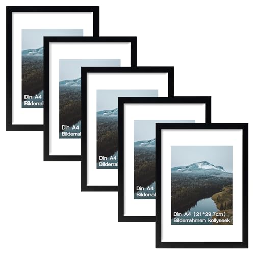 Kollyseek Juego de 5 Marcos de Fotos DIN A4 de Cristal Plexi Negro (21 x 29,7 cm) para Colgar y Colocar - Diseño Moderno