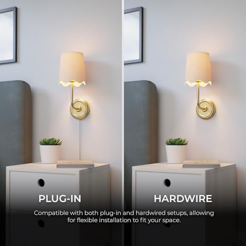 Image of Novogratz x Globe 1-Light Hardwire or Plug-in Wall Sconce, Matte Brass, White Fabric Shade, in-Line Rocker Switch, 6 Ft Fabric Cord Included
