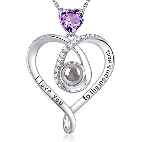 Valentines Day Birthday Gifts Wife Mom February Birthstone Amethyst Jewelry I Love You Necklace 100 Languages to the Moon and Back Sterling Silver Cover