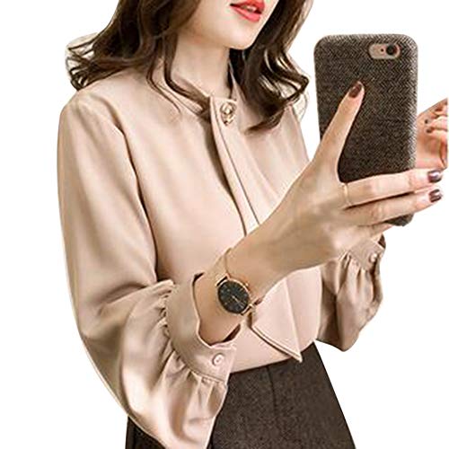 胸元ボウタイブラウス レディーストップスシャツ ゆったり オフィス 無地 春夏 通勤 大きいサイズ (L, ベージュ)