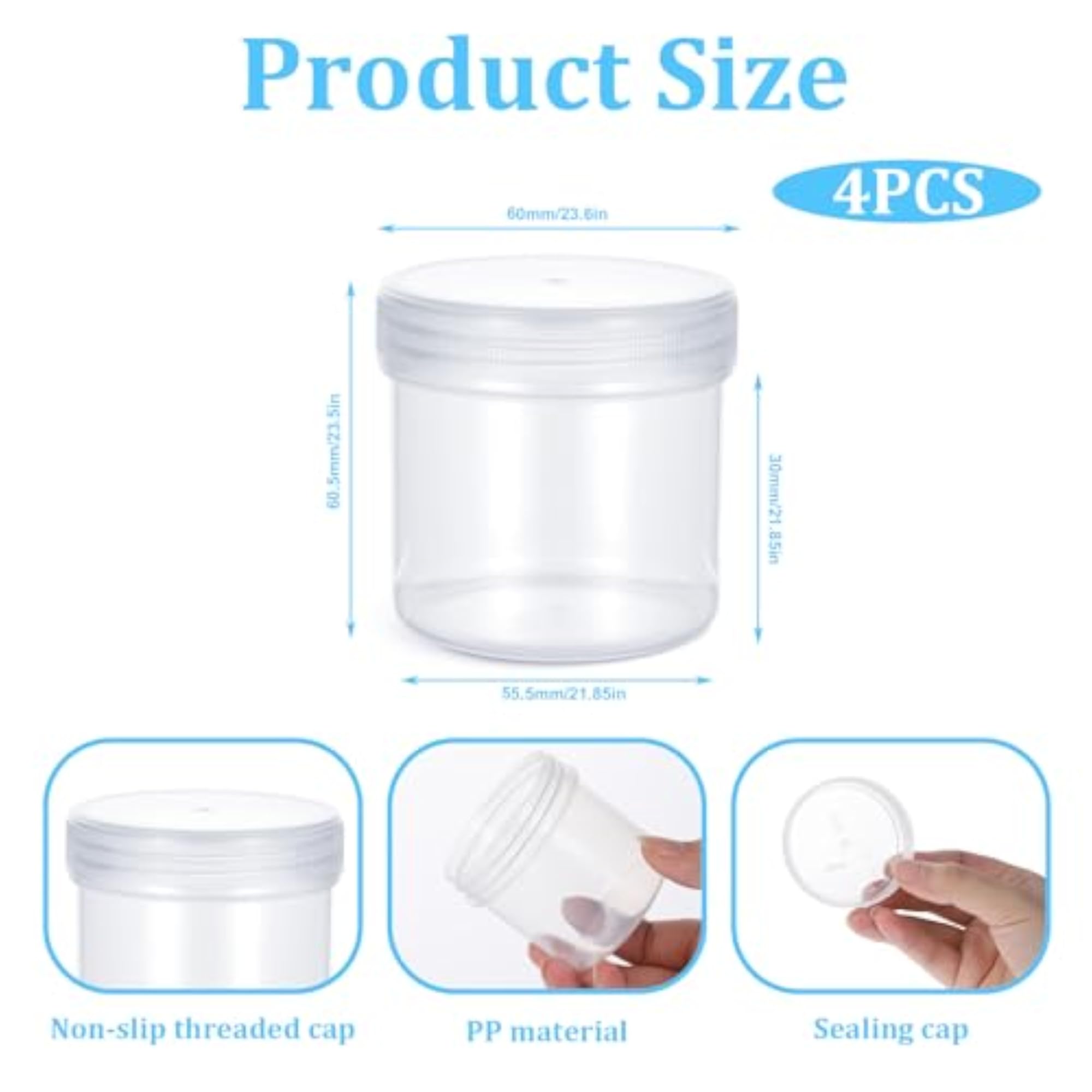 Clear Plastic Jar with Lid, 4 Pack Travel Size Container