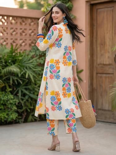 Image of INDO ERA Women Cotton White Printed Straight Kurta Pant Set