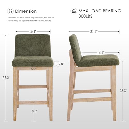 Image of Zesthouse Wood Bar Stools Counter Height Set of 4, 26 inch Modern Bar Stools with Back & Solid Wooden Leg, Mid Century Farmhouse Barstools, Green Linen High Chairs for Kitchen Island, Antique Brown Finish