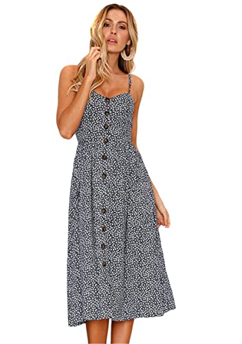 Image of YMING Womens Summer Spaghetti Strap Dresses Button Down Floral Sundress High Waist Swing Midi Dress with Pockets