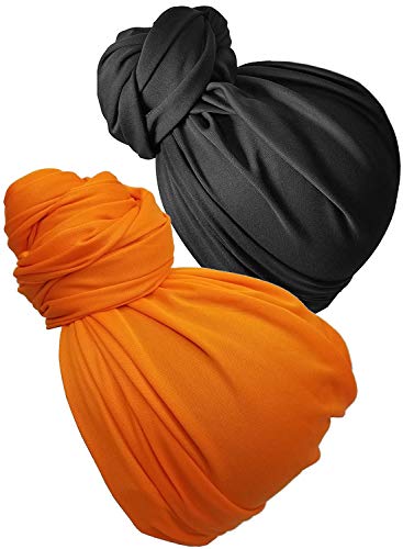 Stretch Head Wrap Scarf Turban - Long Black Head Scarf Wrap Turban Hair Scarf Tie Color Headband 1 or 2(1sd black orange)