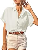 HOTOUCH Womens Button Up Shirts Classic Short Sleeve Collared Tops Work Office Blouse Loose Fasion Summer Shirts White L