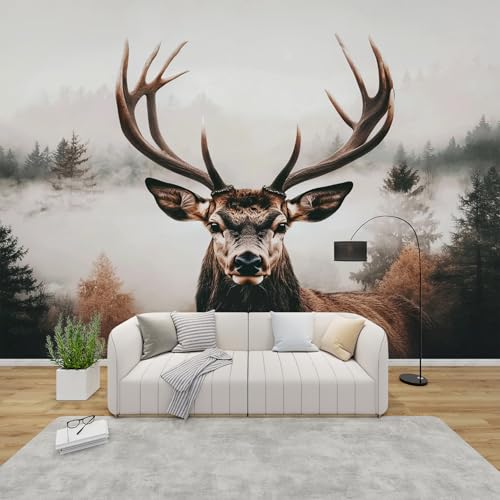 GEDAEUBA Papier Peint Panoramique Cerf, Papier Peint Intissé Motif Chasse, Tapisserie Panoramique Salon, Décoration Murale Chambre, 300x210 cm