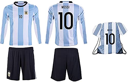 Messi #10 Argentina Home Kids Soccer Jersey Long Sleeve Kit with Shorts All Youth Sizes (YM 8-10 Years, Aqua Home LS + Jersey Bag)