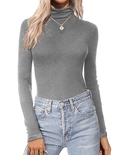 Zeagoo Camiseta Manga Larga Mujer Cuello Alto Camisetas Basica Ajustada T Shirt Térmicas Sólido Camisa Ligero Elástico Suéter Gris S