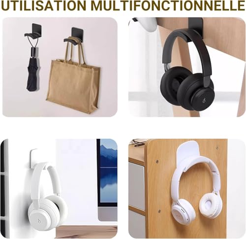 Miniatura 6 de 4 Piezas Soporte Universal Para Auriculares - Gancho Autoadhesivo Para Pared Y Escritorio - Soporte Cascos Gaming, Headset, Mandos - Organizador De Mesa En Blanco Y Negro