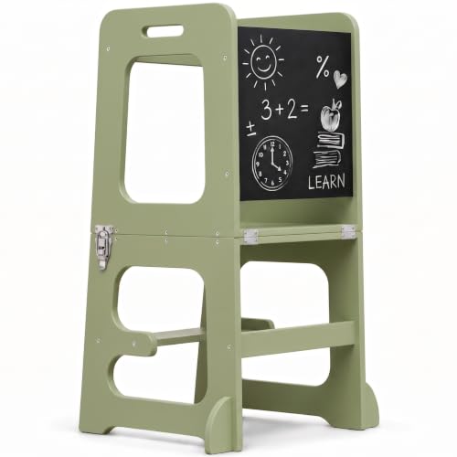 Image of Avenlur Toddler Tower, Date 4-in-1 Kitchen & Learning Tower (Green) | Avenlur Date 4-in-1 Kitchen Tower doubles as a kitchen stool for toddlers, montessori tower, and toddler tower table.