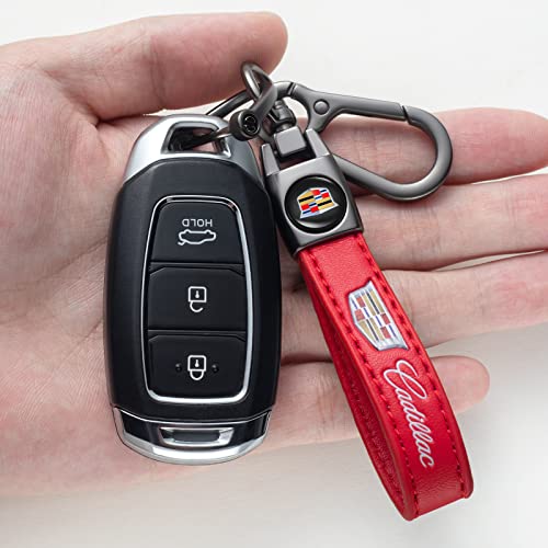Image of Genuine Leather Car Keychain for Cadillac Key Chain for Men and Women Family Present Key Ring Accessories(Red)