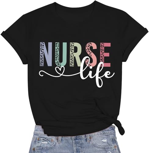 Image of Women Nurse Shirts Nursing Life Letter Short Sleeve Register Nurses Inspirational Tee