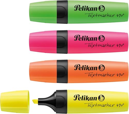 Pelikan Textmarker 490, 4 Neon-Farben, 4 Stück, mit Keilspitze