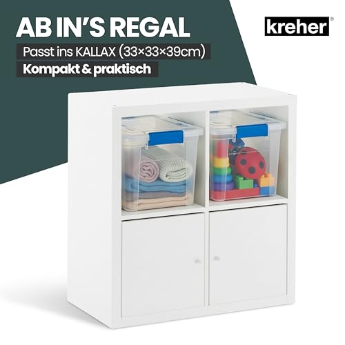 Kreher® Aufbewahrungsbox 18 Liter mit Deckel – wasserdicht & staubdicht, transparent & stapelbar, BPA- & schadstofffrei, robuste Kunststoffbox mit Silikondichtung & 4 Clips (2, 18 Liter)