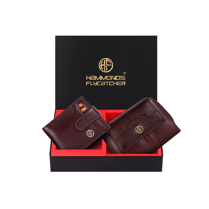 HAMMONDS FLYCATCHER Leather Wallet Combo Gift Set - Marriage Wedding Gifts for Couples Wife Husband - RFID Protected Men's & Ladies Women's Wallets, Multiple Card Slots - Blazing Brown