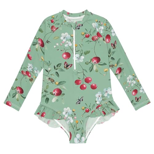 JUNZAN Funny Cranberries Fruit Sage Green Girls Swimsuits UV Protection Little Girl Swimsuit Swimsuits Rash Guard 3T
