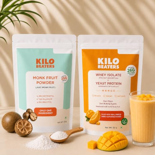 Image of Kilobeaters Whey Protein Isolate Powder with Yeast Protein 50g (Pack of 4) & Monk Fruit Powder 25g Combo | Real Alphonso Mango | 26g Protein Per Scoop | Gut-Friendly |