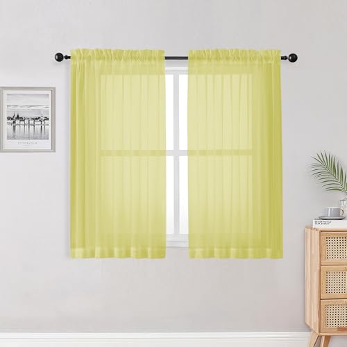 Image of OWENIE Lemon Kitchen Sheer Curtains for Bedroom Living Room 45 Inch Length, Bedroom, Soft Solid Light Filtering Voile Short Sheer Curtain for Small Window, 42 inch W x 45 inch L, Lemon