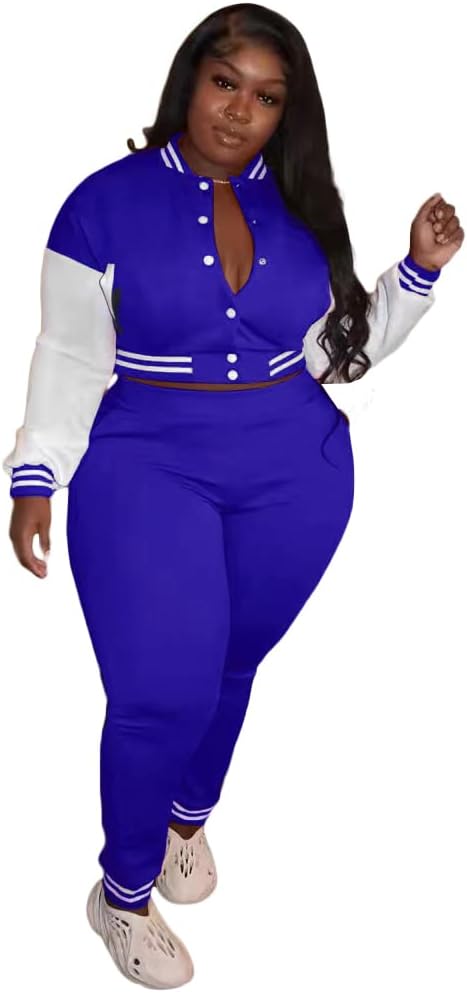 Casual Plus Size 2 Piece Sets for Women Patchwork Button Down Varsity Jackets Pants Set Sweatsuit Tracksuit - Image 2