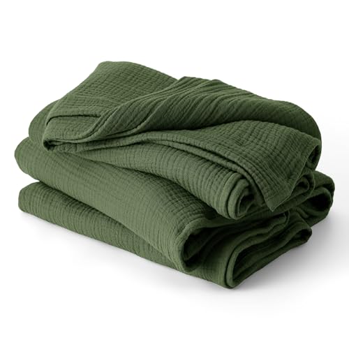 Bedsure 100% Cotton Muslin Throw Blanket Twin XL for Bed - 4-Layer Breathable and Lightweight Thin Soft Summer Gauze Muslin Blankets for Adults, Olive Green, 66x90 Inches